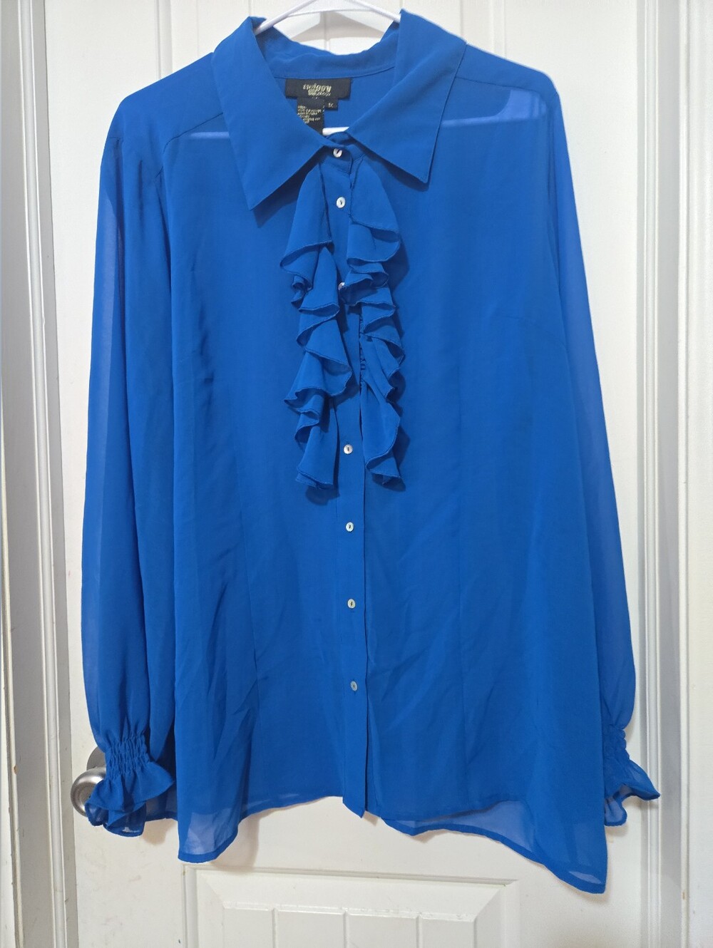 Triggy London Women's 1X Royal Blue Ruffle Front Sheer Button Up Blouse